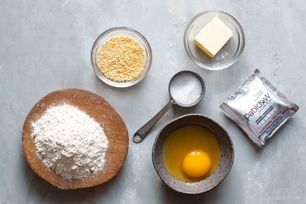 ingredients for easy homemade soft pretzels arranged in glass bowls on white counter
