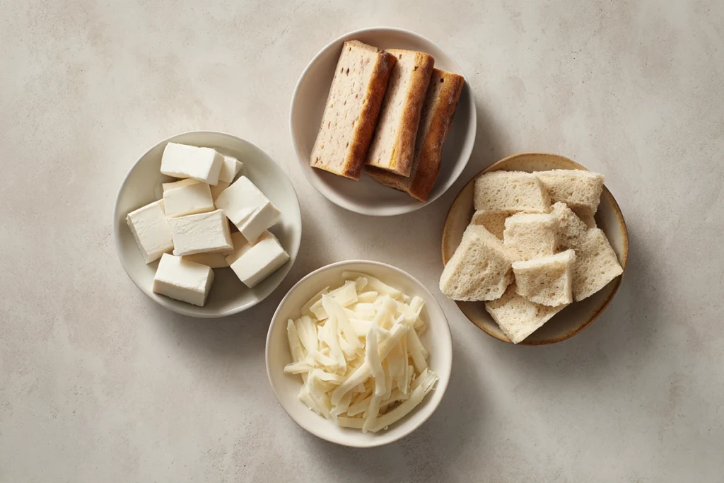 Overhead image showing vegan, gluten-free, and low-fat ingredient substitutions for Egg Sausage Casserole