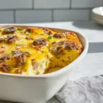 Egg Sausage Casserole hero shot with golden cheese crust and fresh garnish in a modern kitchen
