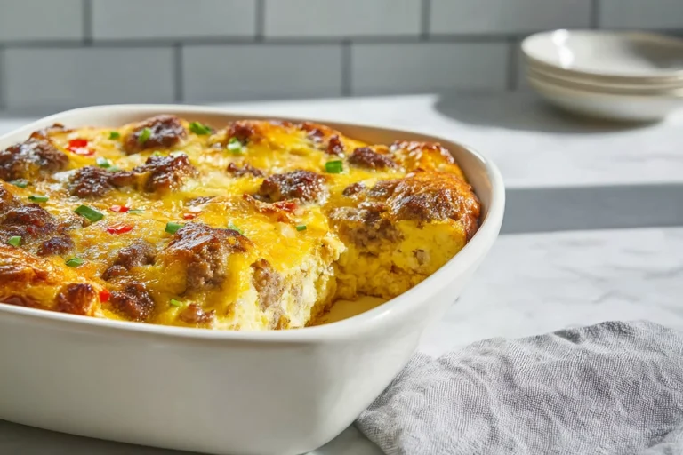 Egg Sausage Casserole hero shot with golden cheese crust and fresh garnish in a modern kitchen