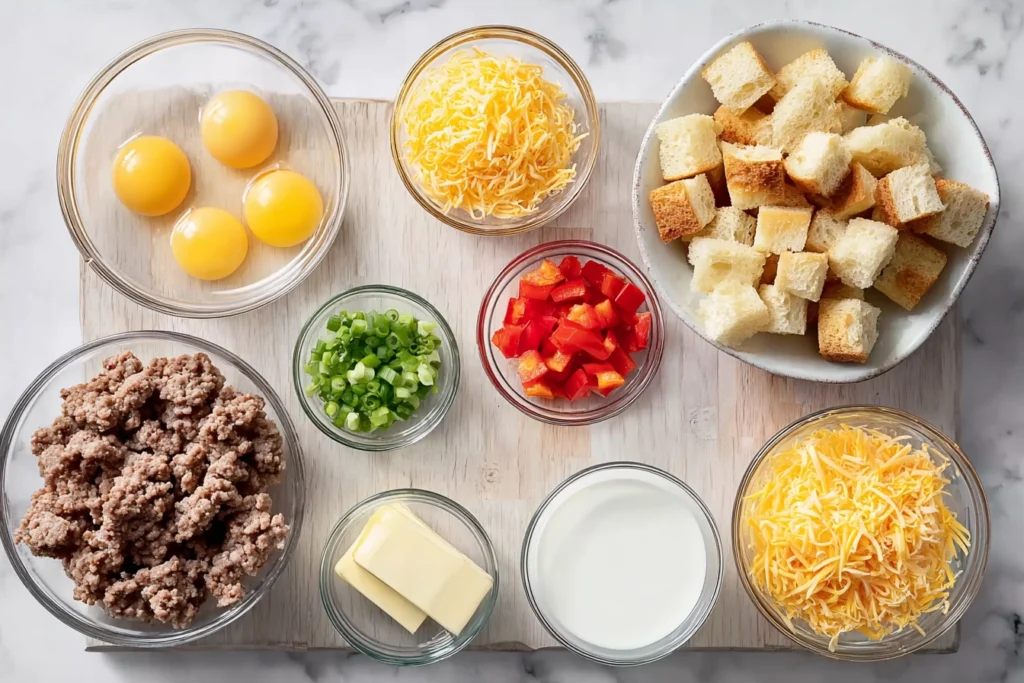 Overhead photo of Egg Sausage Casserole ingredients arranged on a wooden board in a modern kitchen