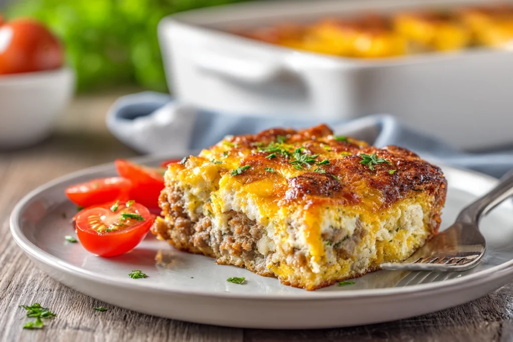Close-up of a plated slice of Egg Sausage Casserole with visible layers and fresh herbs