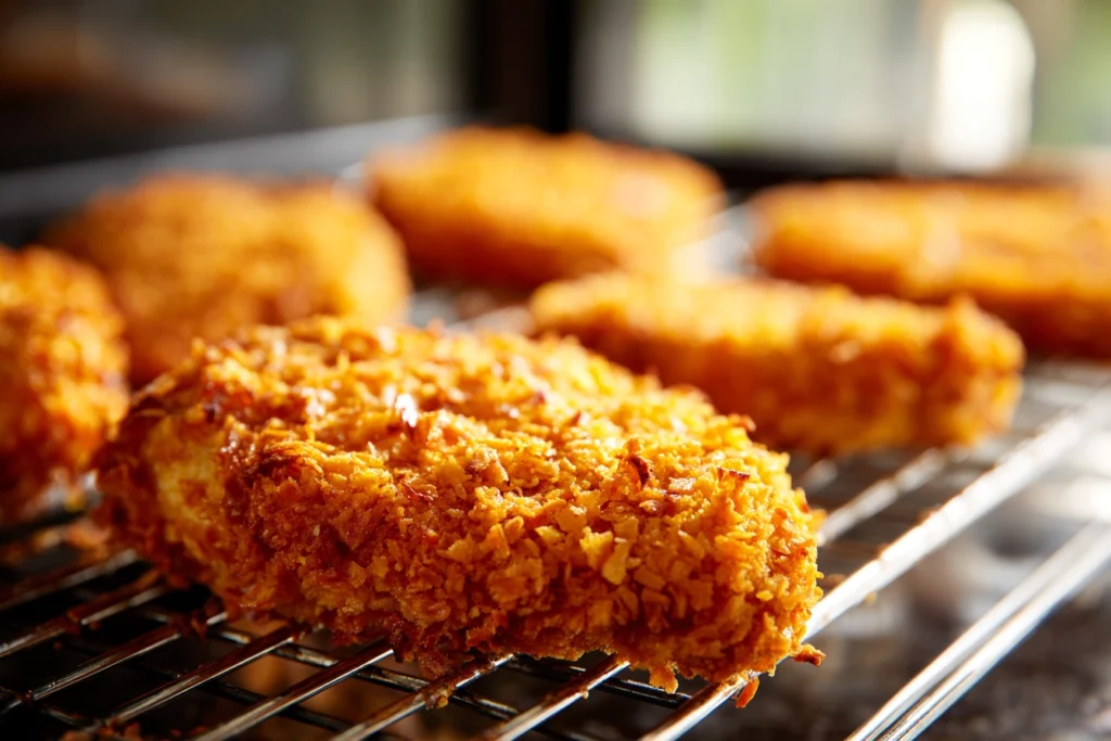 Breaded chicken coated for Extra Crispy Chicken Wrap resting on a wire rack