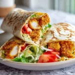 Extra Crispy Chicken Wrap served as a plated hero dish on a modern kitchen counter