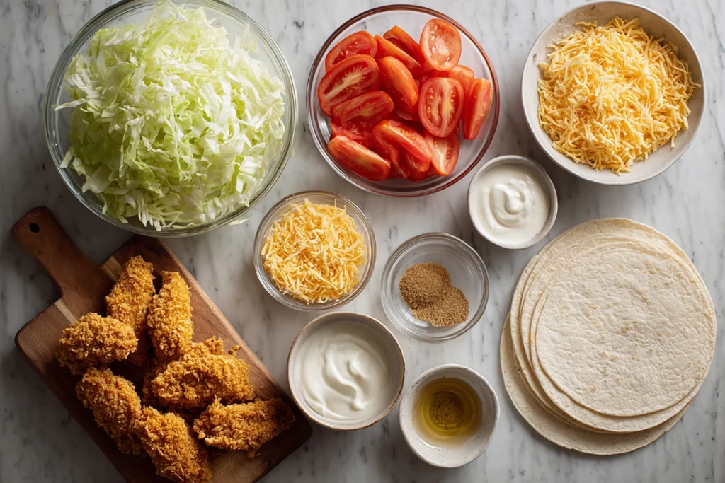 Overhead ingredients layout for Extra Crispy Chicken Wrap with fresh vegetables and breaded chicken