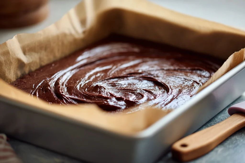 brownie batter for festive brownies spread evenly in lined baking pan
