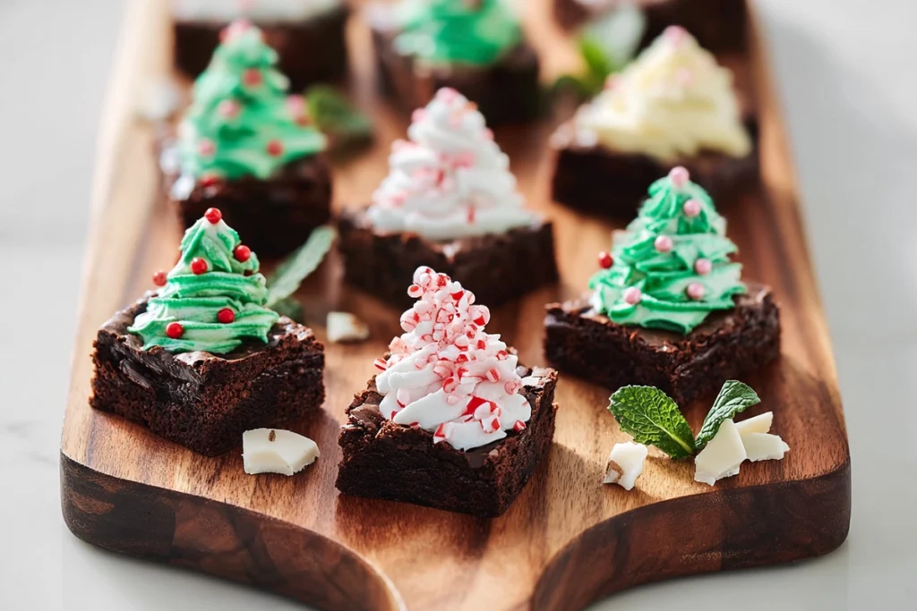 festive brownie bites arranged on wooden dessert board in modern kitchen