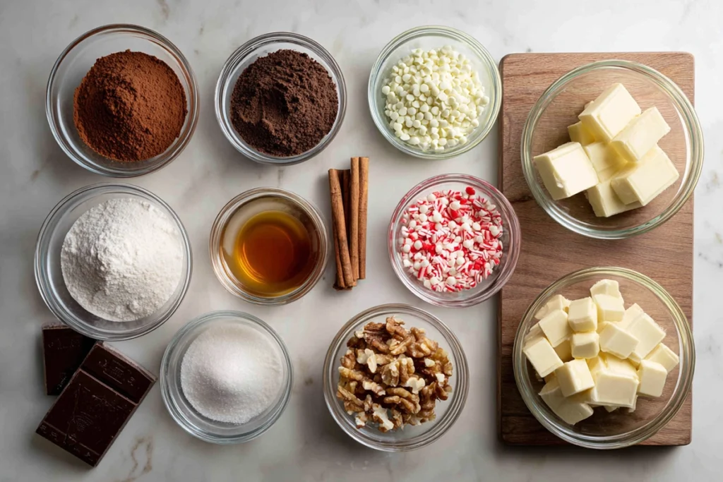 overhead photo of festive brownie ingredients arranged neatly on kitchen counter