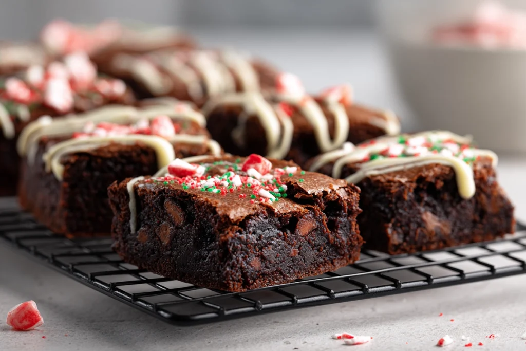 festive brownies on cooling rack with white chocolate drizzle and crushed candy canes