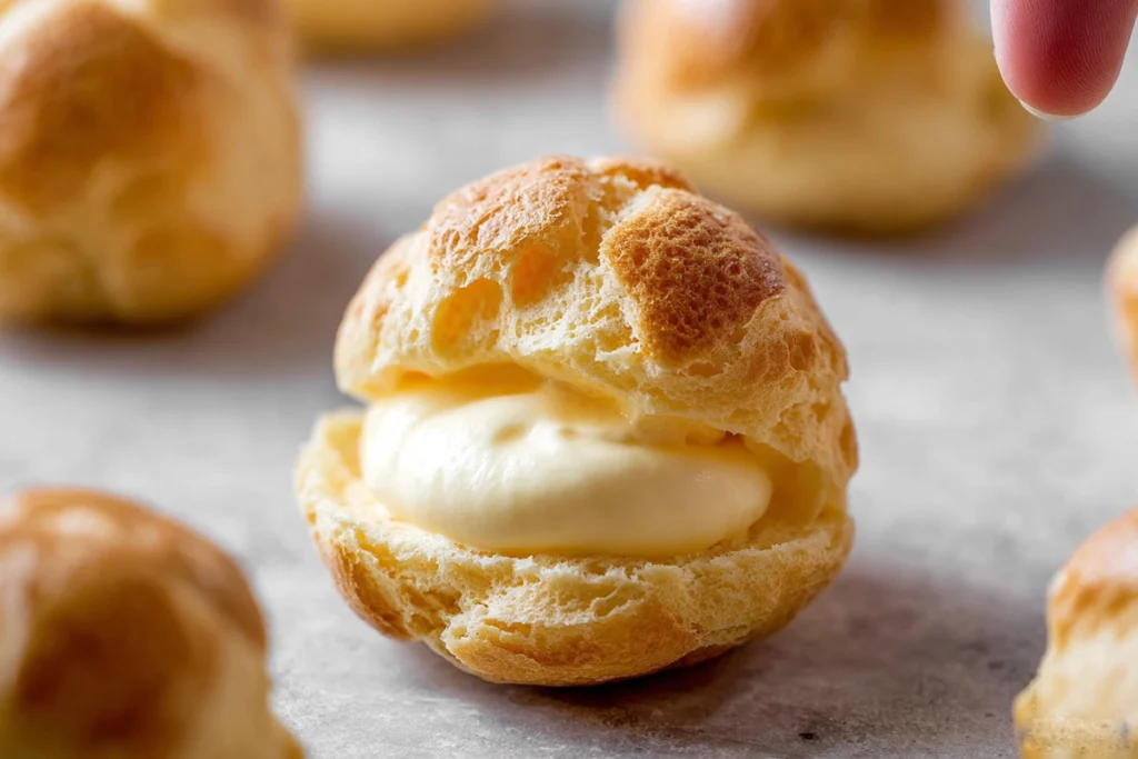 Close-up of Light Choux Pastries being filled with light cream