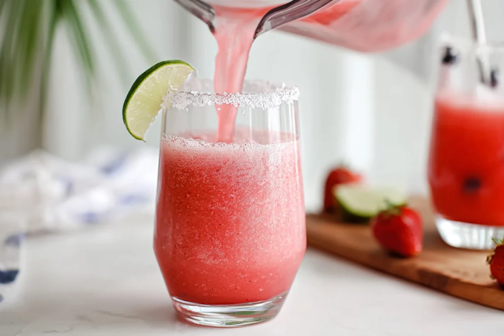 pouring non-alcoholic strawberry margarita into glass with sugar rim