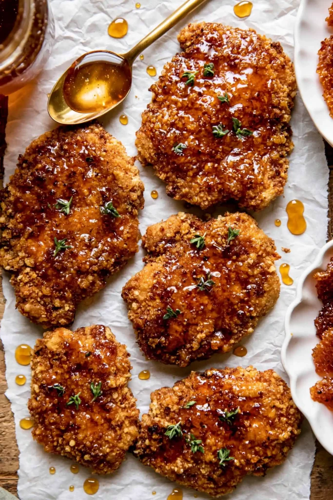 Baked Crunchy Hot Honey Chicken with a Cornflake Crust 5 Finished Baked Crunchy Hot Honey Chicken drizzled with warm honey sauce
