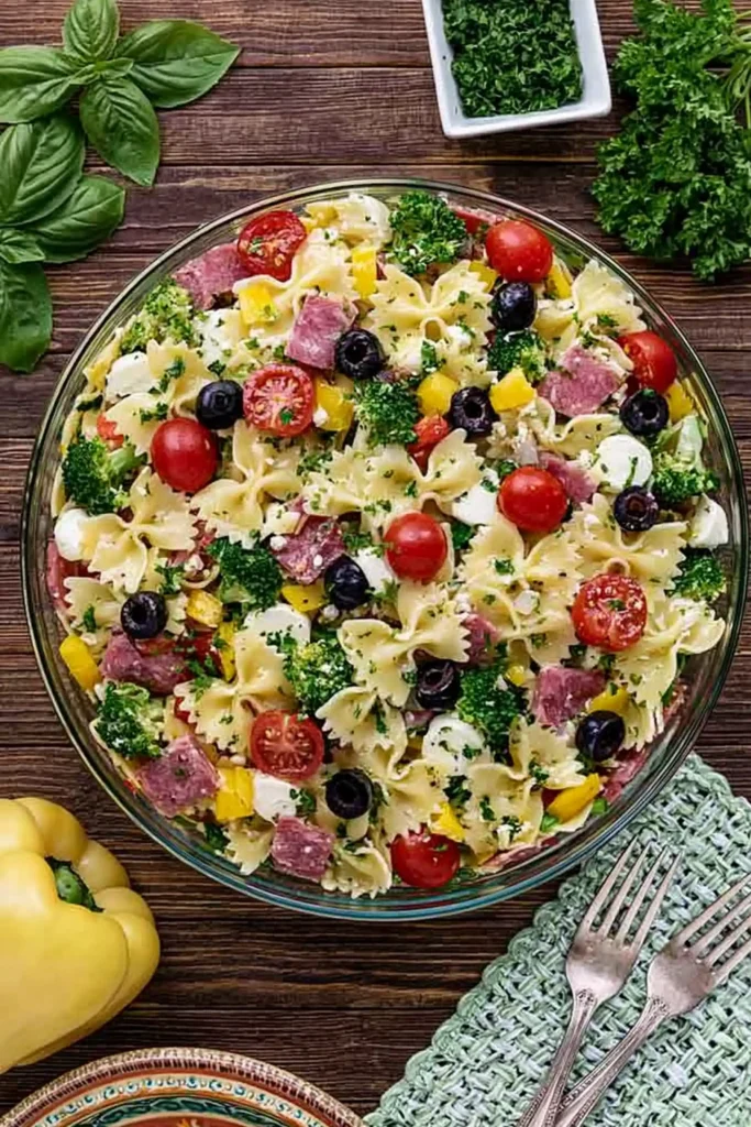 Bow Tie Pasta Salad with Salami, Mozzarella, and Italian Dressing 6 Finished Bow Tie Pasta Salad with salami, mozzarella, vegetables, and Parmesan