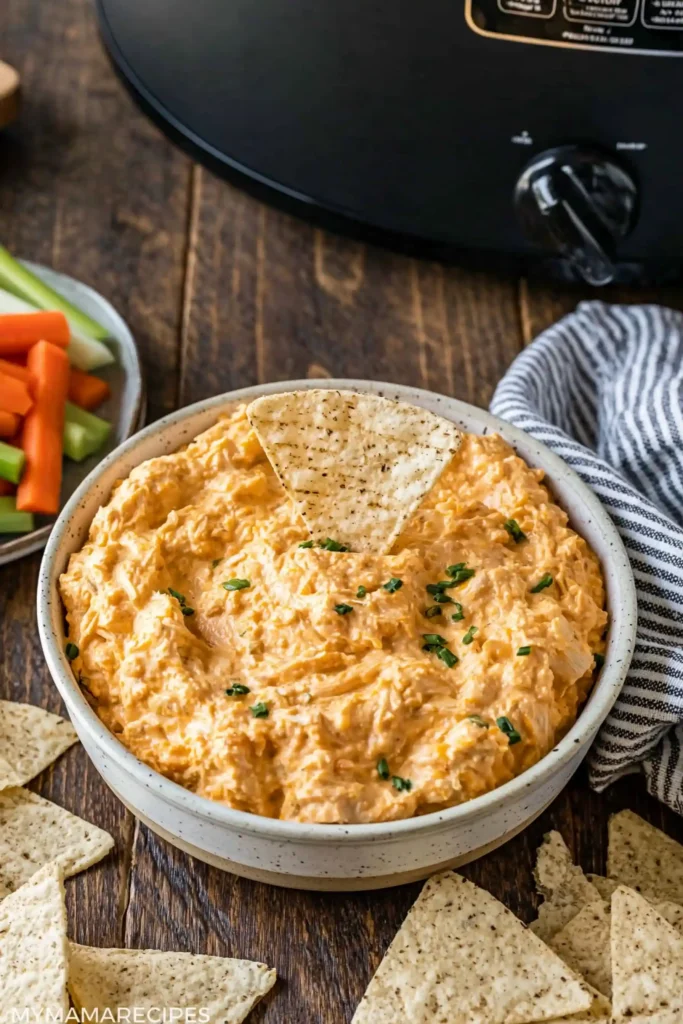 Crockpot Buffalo Chicken Dip That Stays Creamy for Every Gathering 4 Finished Crockpot Buffalo Chicken Dip with a creamy texture beside the slow cooker