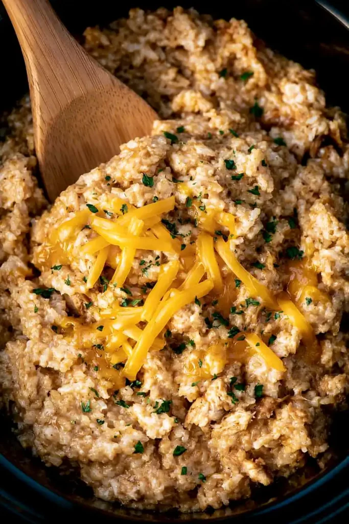 Crock Pot Chicken and Rice for Cozy Weeknight Dinners 6 Finished Crock Pot Chicken and Rice with cheddar cheese and tender chicken in a slow cooker