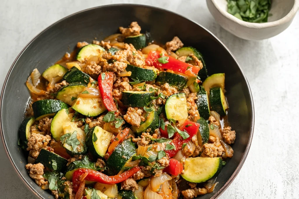 Overhead shot of Ground Turkey and Zucchini Skillet finished in the pan