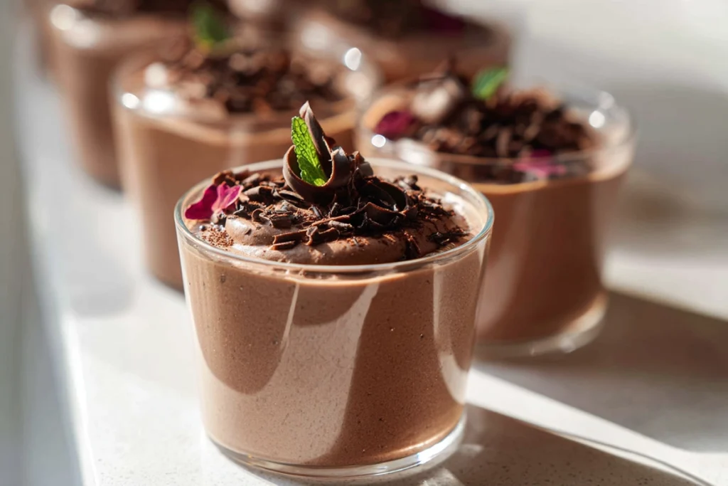Finished Mini Chocolate Mousse Cups styled on a modern kitchen counter