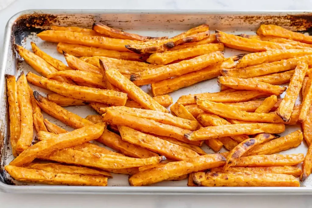 Finished Oven Baked Sweet Potato Fries resting on a baking sheet