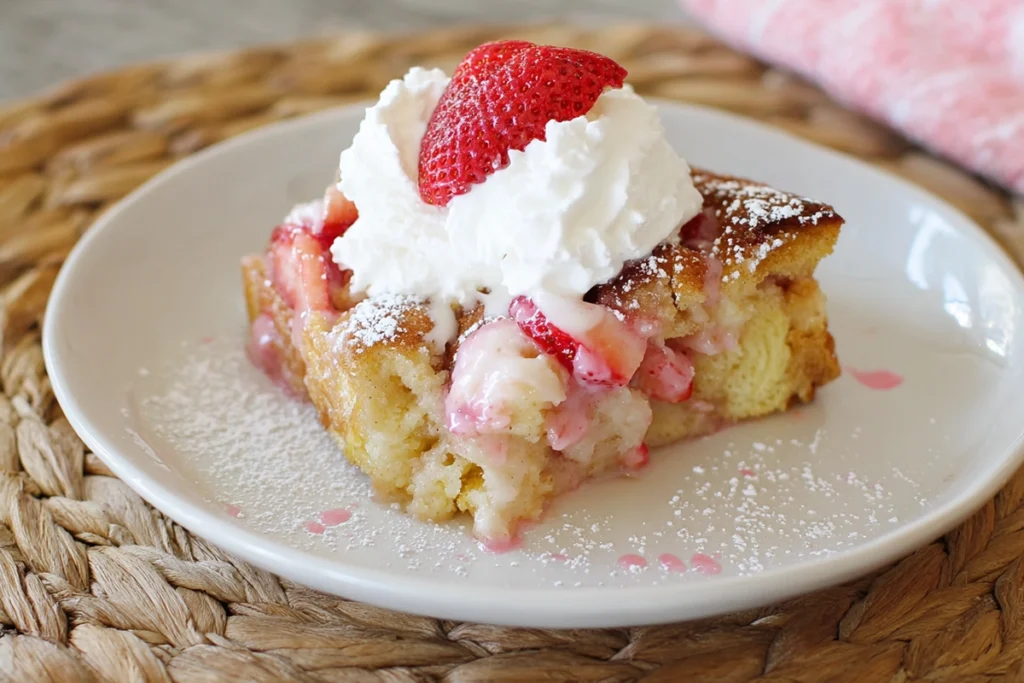Finished Slow Cooker Strawberry French Toast Casserole inside the slow cooker