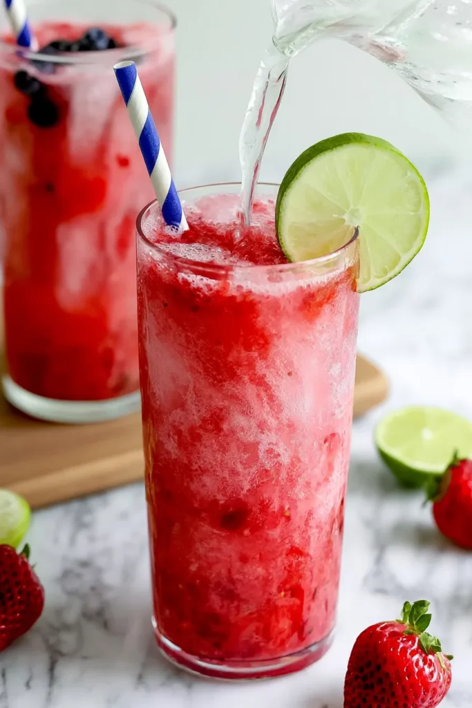 Non-Alcoholic Strawberry Margaritas with Fresh Lime and Seltzer 7 Fizzy non-alcoholic strawberry margaritas mixed with lime juice, crushed ice, and seltzer