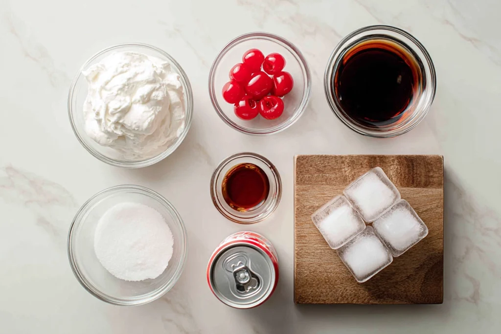 overhead ingredients layout for Fluffy Coke recipe in modern kitchen
