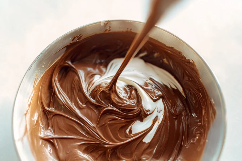 Close-up of folding chocolate into cream for Mini Chocolate Mousse Cups