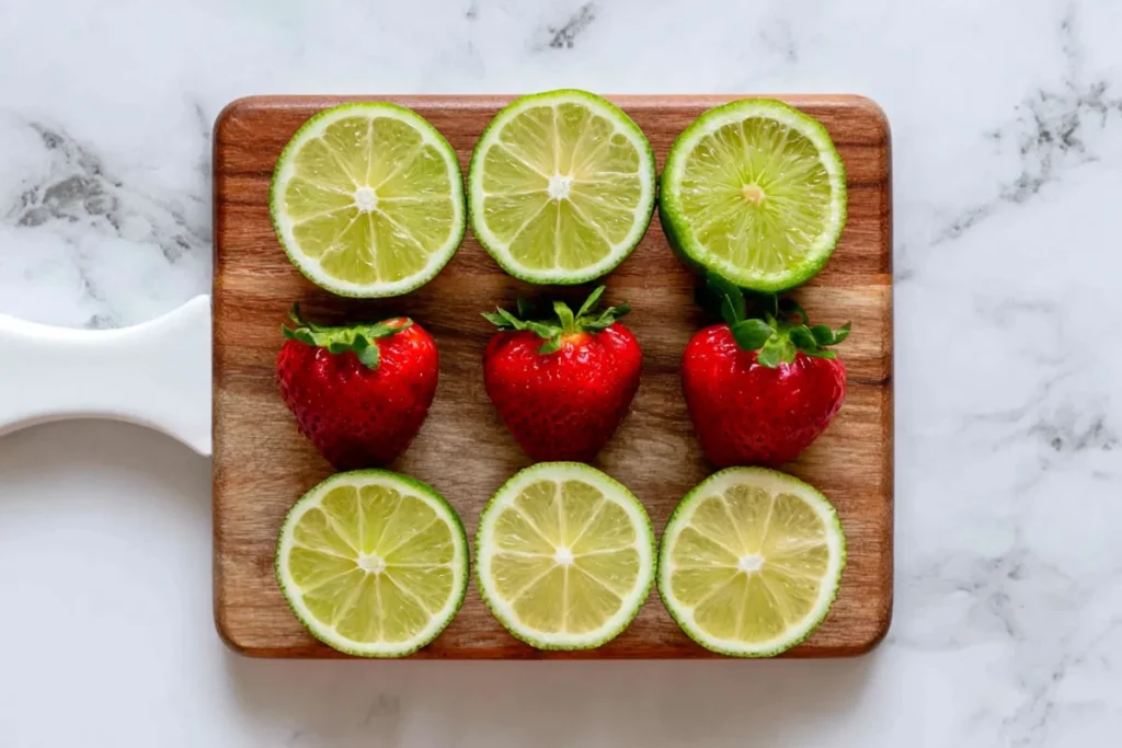 Non-Alcoholic Strawberry Margaritas with Fresh Lime and Seltzer 3 Fresh strawberries and limes for non-alcoholic strawberry margaritas on a wooden cutting board