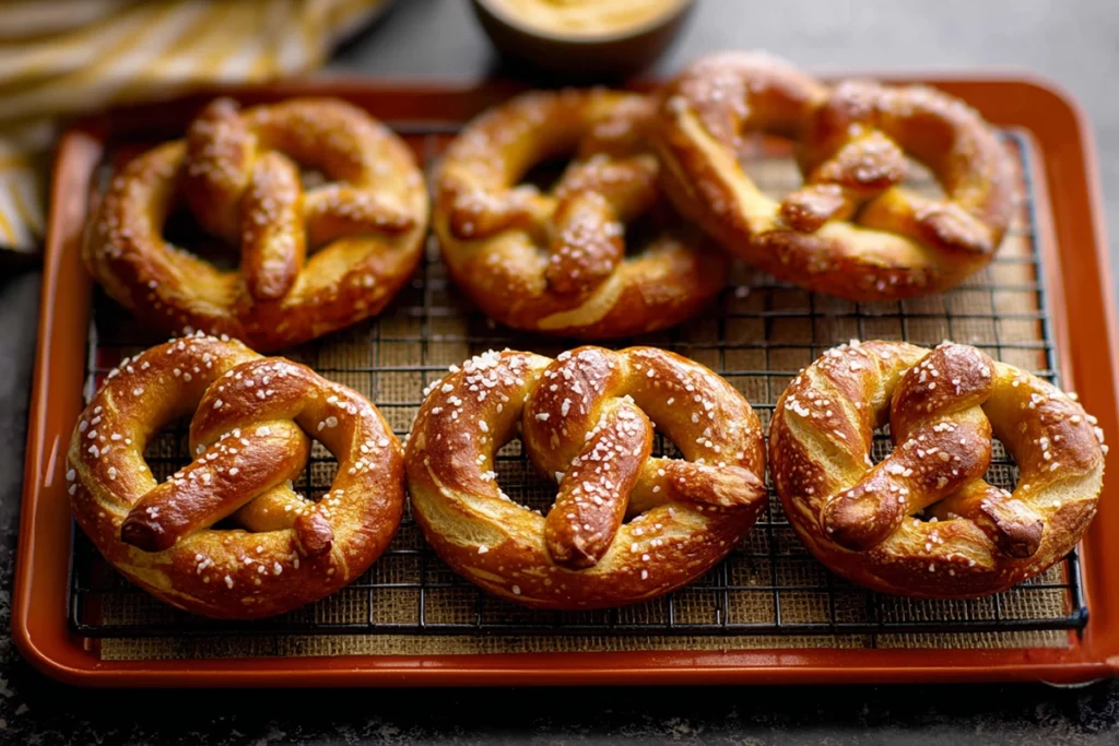 freshly baked easy homemade soft pretzels cooling on wire rack