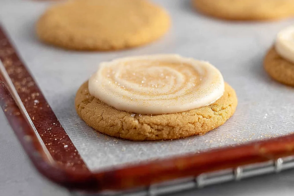 cream cheese frosting applied to salted caramel cheesecake cookies