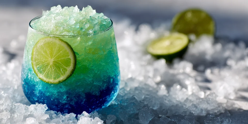 Frozen Mermaid Water Mocktail in a chilled glass with crushed ice and vibrant blue layers