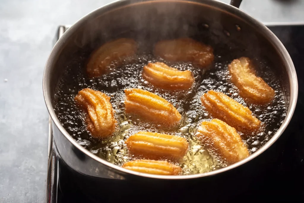 tulumba pastries frying until golden in stainless-steel pot