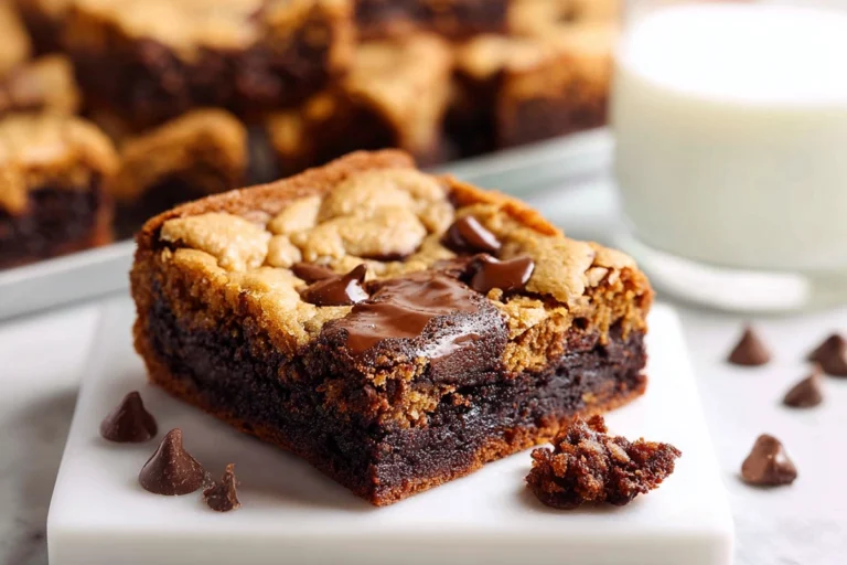 finished fudgy chewy browkies brookies on white plate in modern kitchen