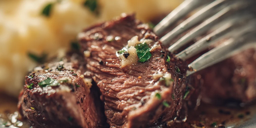 Macro close-up of tender Crockpot Garlic Butter Beef Bites Potatoes