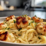 Finished plate of garlic butter chicken bites parmesan pasta in a modern kitchen