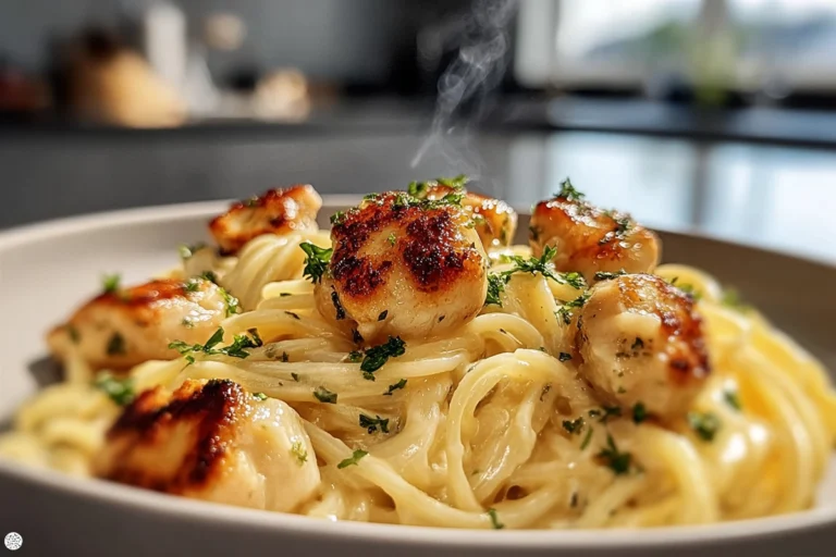 Finished plate of garlic butter chicken bites parmesan pasta in a modern kitchen