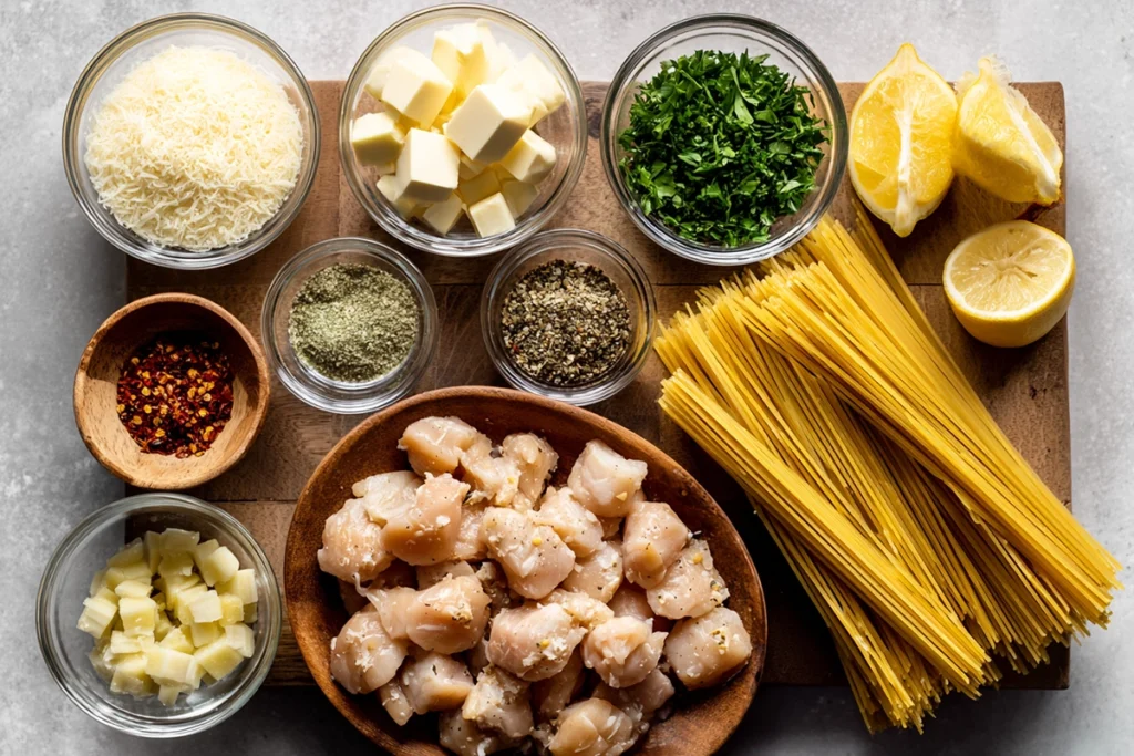 Overhead flatlay of ingredients for garlic butter chicken bites parmesan pasta