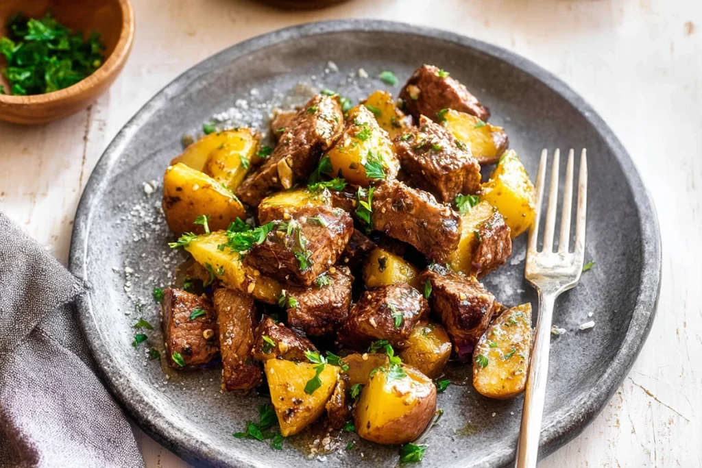 plated garlic butter steak bites and potatoes with parsley on top