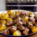 garlic butter steak bites and potatoes on white plate with fresh parsley garnish