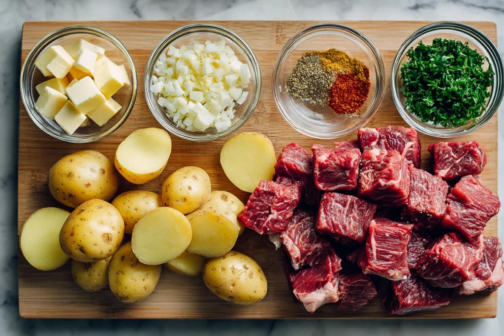 ingredients for garlic butter steak bites and potatoes arranged on wooden board