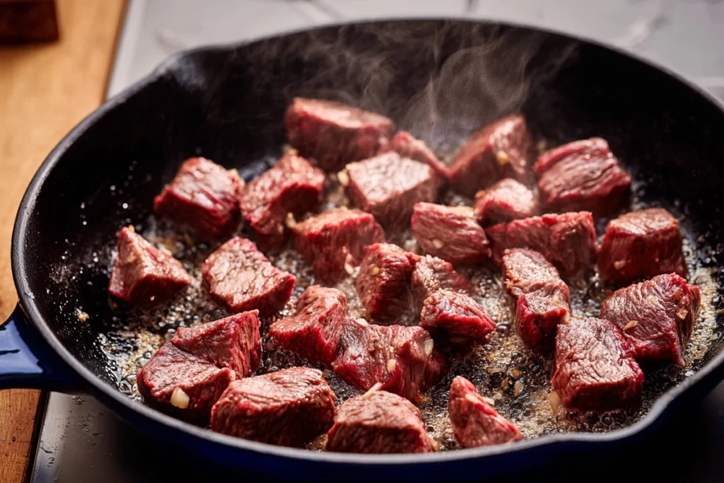 steak bites searing in garlic butter in cast iron skillet