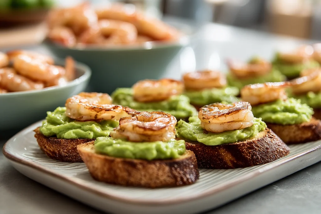 Avocado-spread crostini being assembled for Garlic Shrimp Avocado Crostini