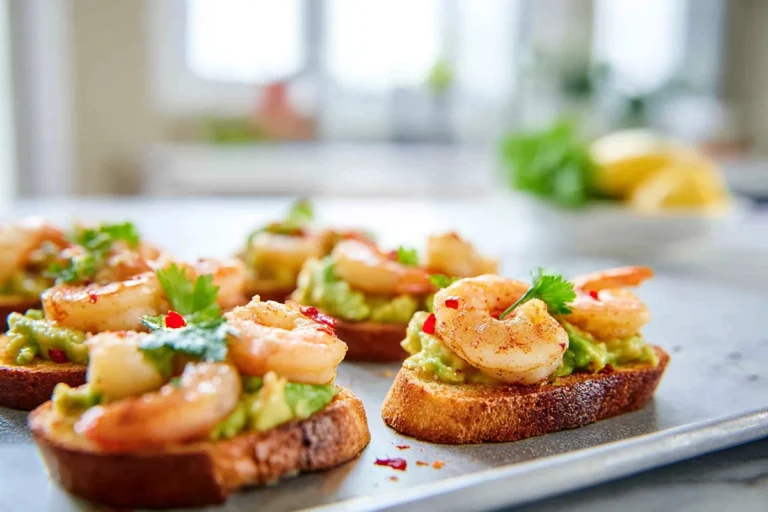 Photorealistic hero image of Garlic Shrimp Avocado Crostini in a modern kitchen