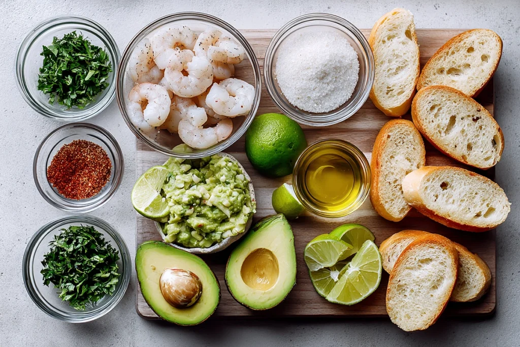 Overhead ingredients photo for Garlic Shrimp Avocado Crostini recipe