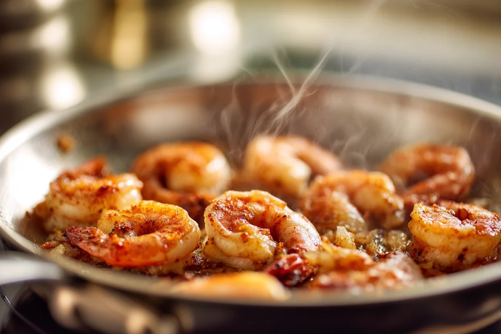 Close-up of garlic shrimp cooking for Garlic Shrimp Avocado Crostini