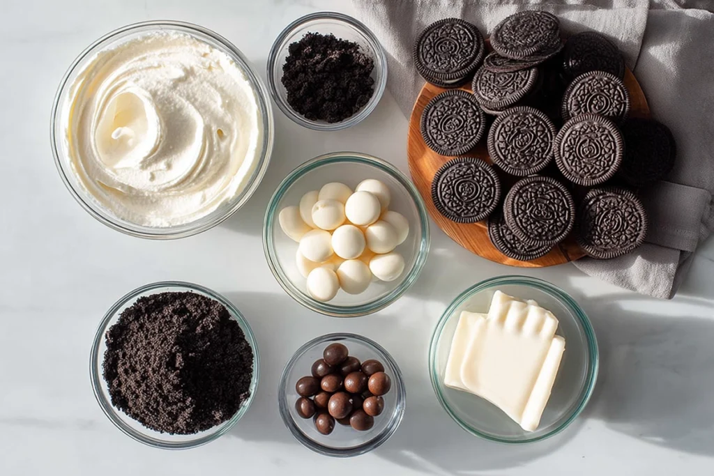 overhead ingredients layout for ghost oreo ball truffles on modern counter