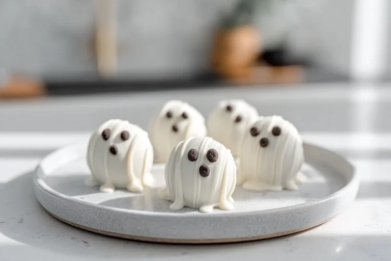 photorealistic hero shot of ghost oreo ball truffles on modern kitchen counter
