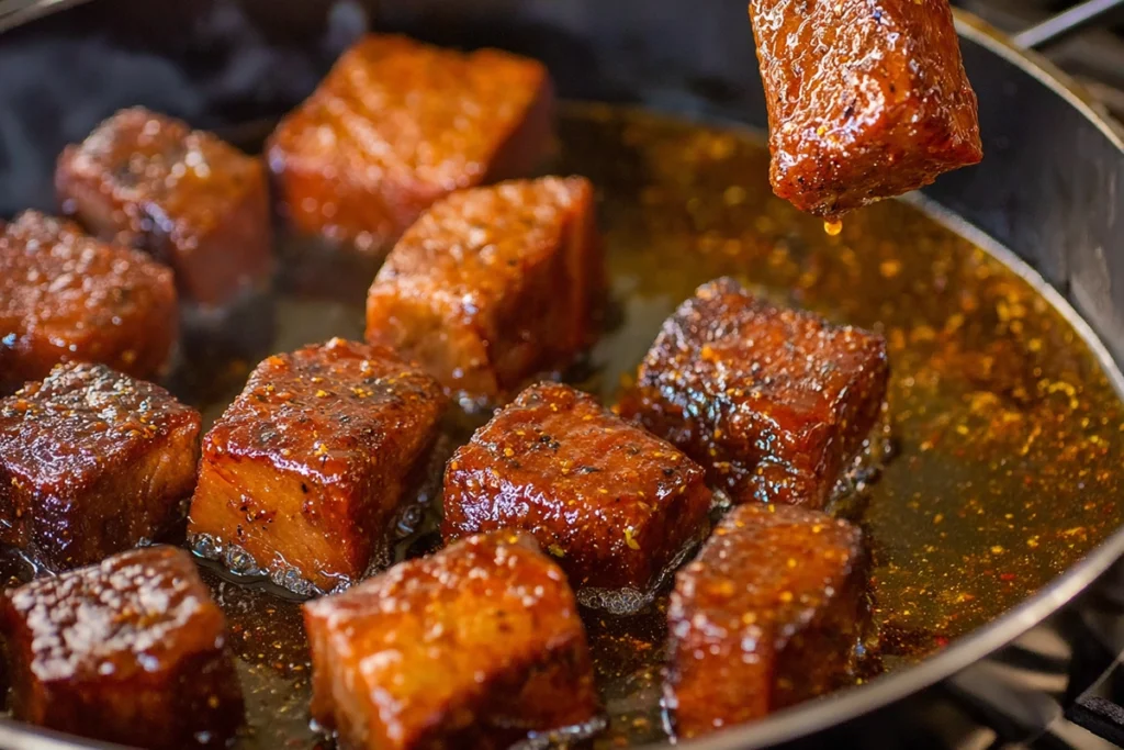 Close-up of Sweet and Sticky Steak Bites coated in thick caramelized glaze