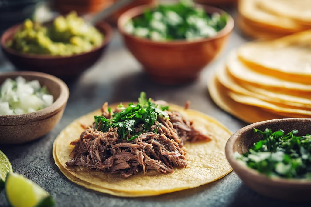 assembling gluten free crock pot mexican shredded beef tacos with fresh toppings on kitchen counter