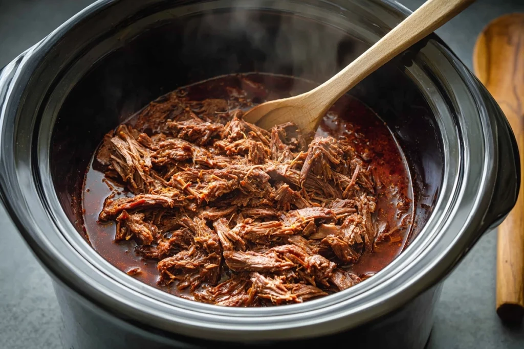 shredded beef simmering in crock pot for gluten free mexican tacos with natural light