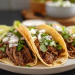 gluten free crock pot mexican shredded beef tacos served on white plate with lime and cilantro